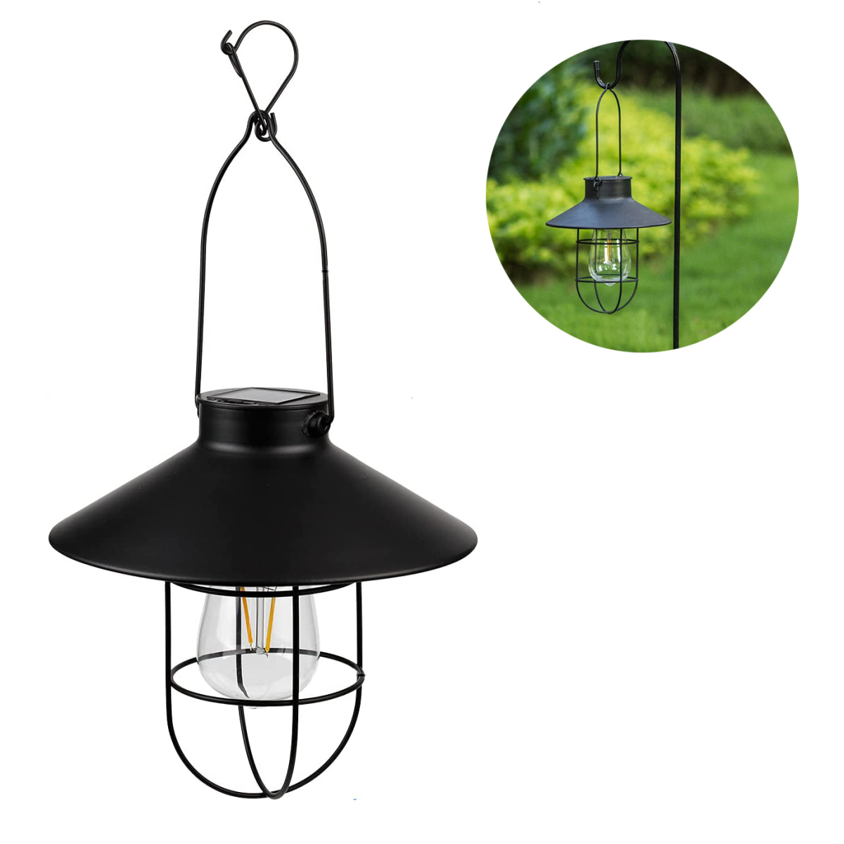 Schwarze Solar-Laterne mit käfigartigem Design. Sie hängt im Freien an einem schwarzen Haken.