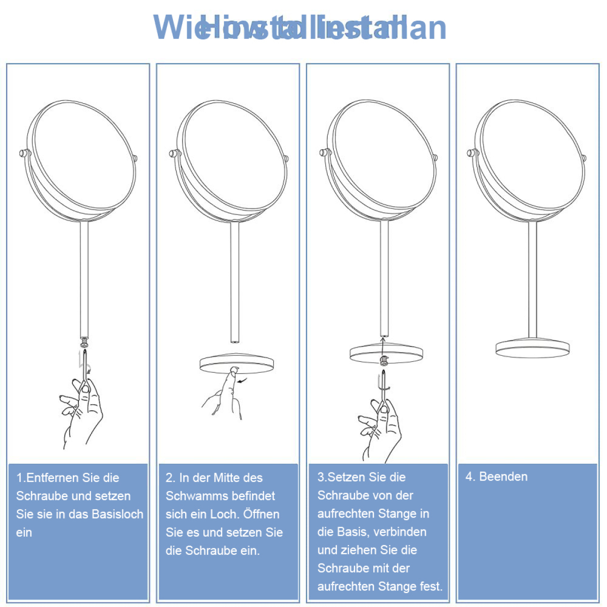 Vier Schritte zur Installation eines Spiegels, mit Diagrammen und einer Hand mit Schraubendreher.