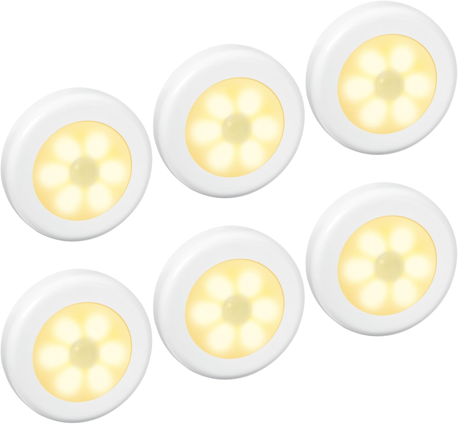Sechs weiße, runde LED-Leuchten sind auf weißem Hintergrund angeordnet. Jede hat eine gelbe Mitte und ist leicht angewinkelt.