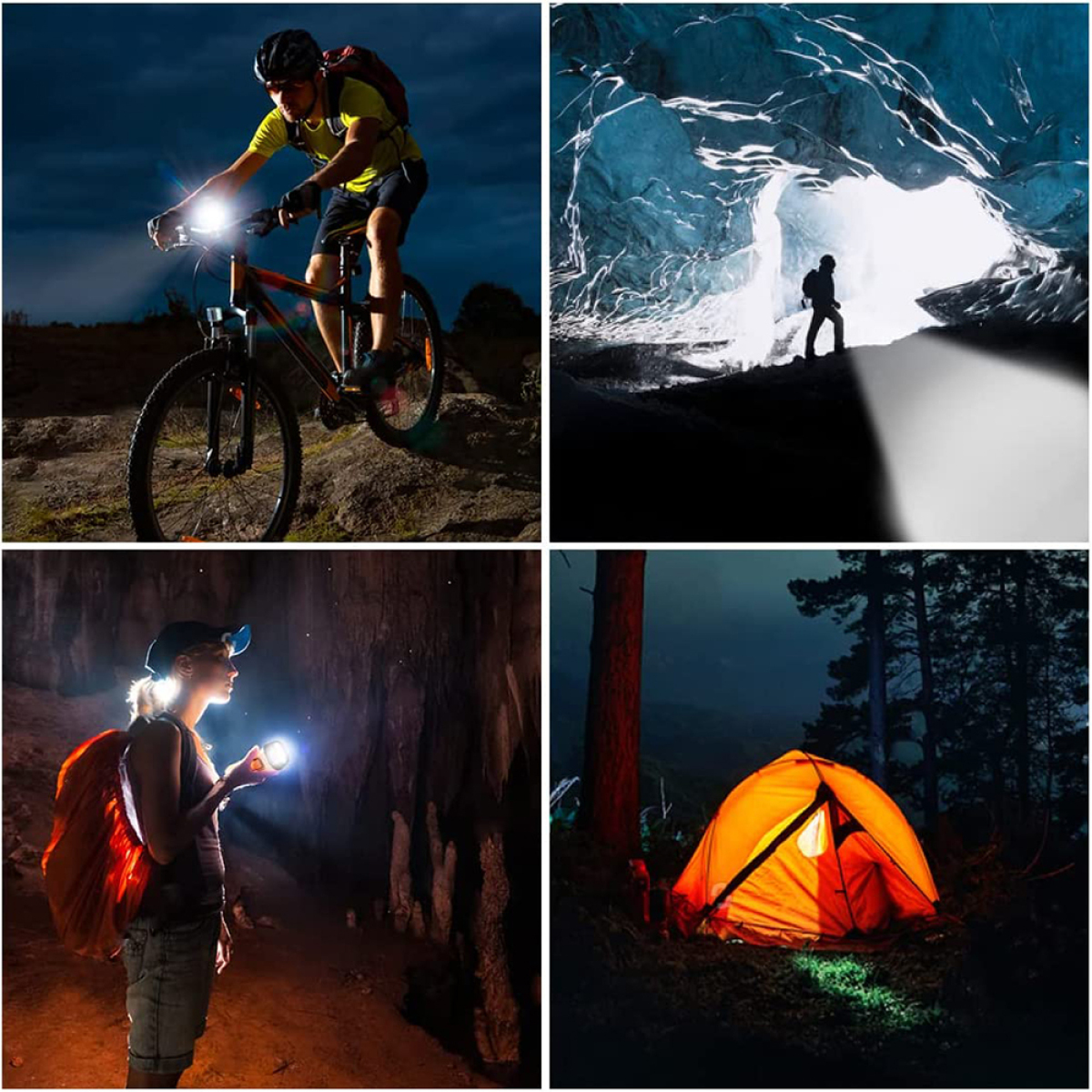 Eine Collage von Menschen mit Taschenlampen in dunklen Umgebungen, darunter ein Biker und ein Camper.