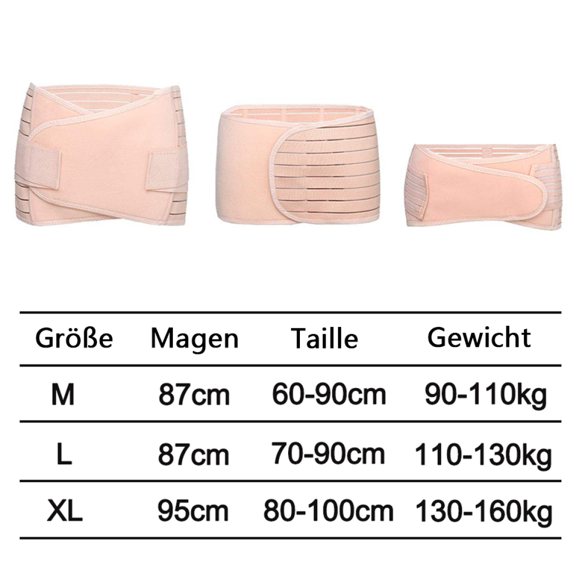 Drei beige Wochenbett-Stützgürtel mit Größen- und Gewichtsangaben.