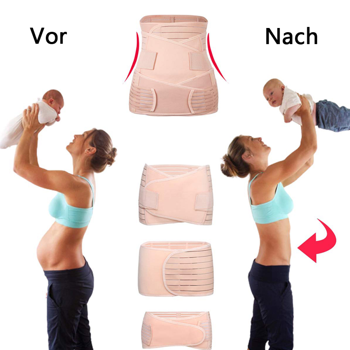 Bild zeigt eine schwangere Frau vor und nach dem Tragen eines Wochenbettes. Der Gürtel wird auch angezeigt.