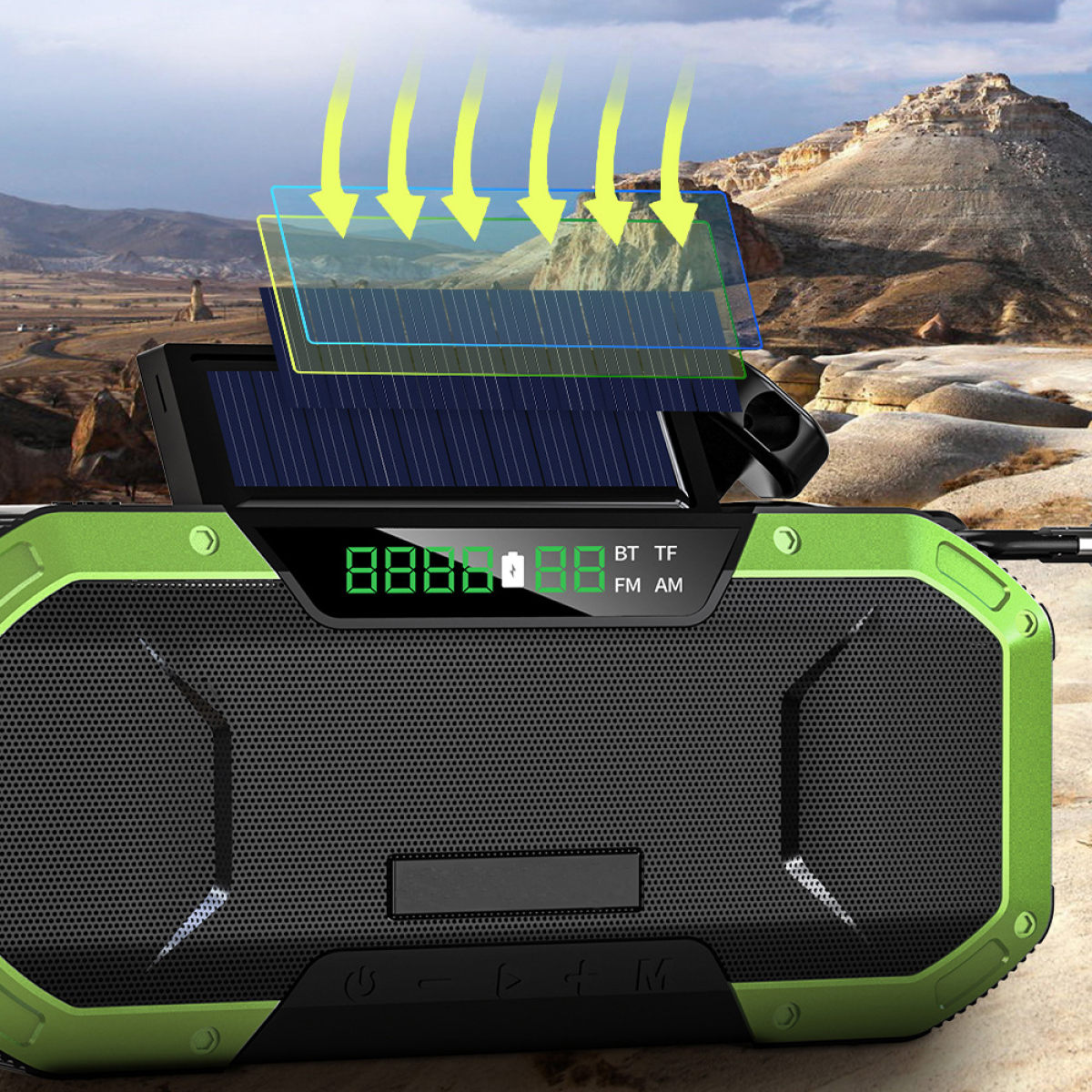 Ein grüner und schwarzer Lautsprecher mit Solarpanel, der einen digitalen Bildschirm mit Zahlen anzeigt.