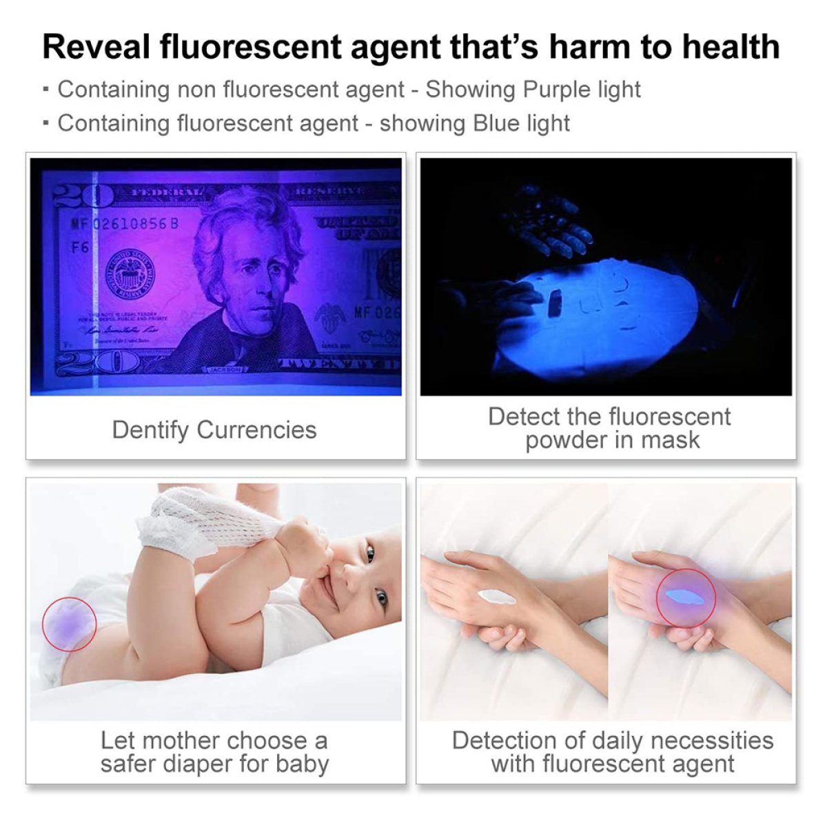 Bilder mit fluoreszierenden Mitteln auf Geld, Gesichtsmaske, Baby und Händen mit Creme.