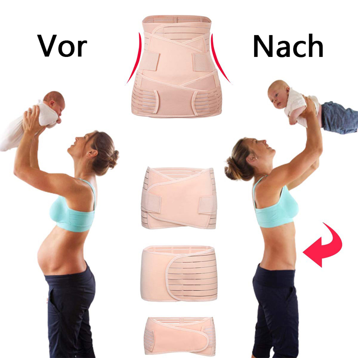 Vorher-Nachher-Bilder einer Frau. Vorher: schwanger. Nachher: schlank mit Baby.