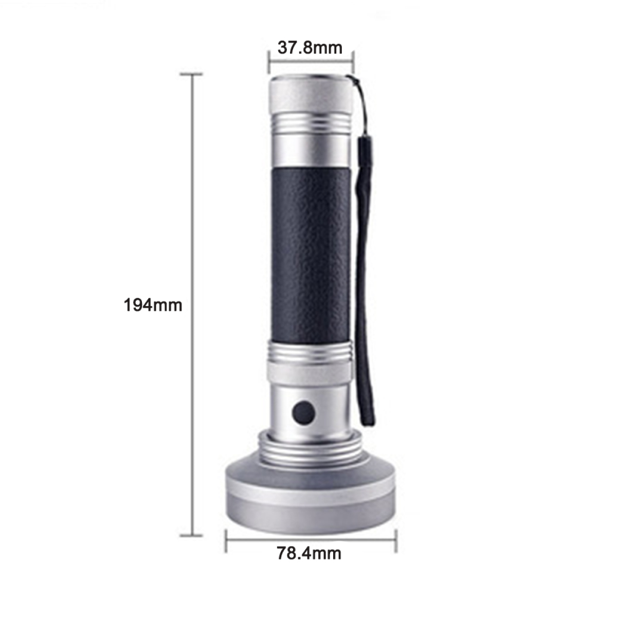 Schwarz-silberne Taschenlampe. Maße sind beschriftet: 194mm, 78,4mm und 37,8mm.