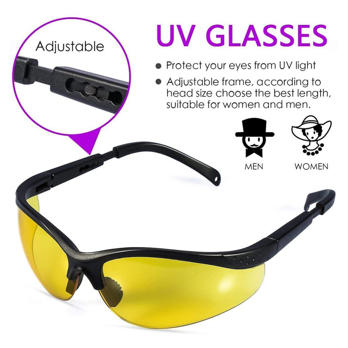 UV-Brille mit gelben Gläsern. Text beschreibt UV-Schutz und verstellbaren Rahmen. Männer- und Frauen-Icons.