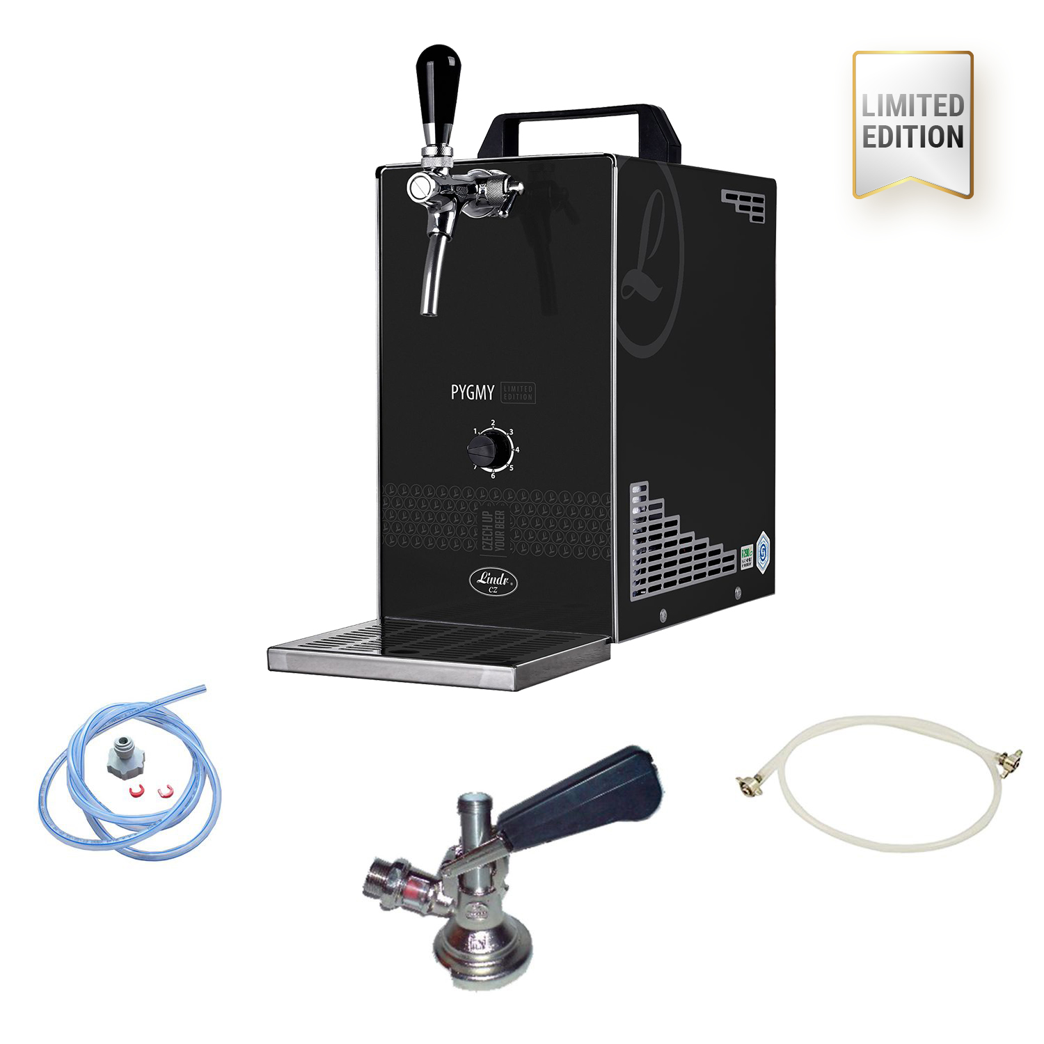 Tireuse à bière noire avec une étiquette Édition Limitée. Elle a un robinet et des accessoires.