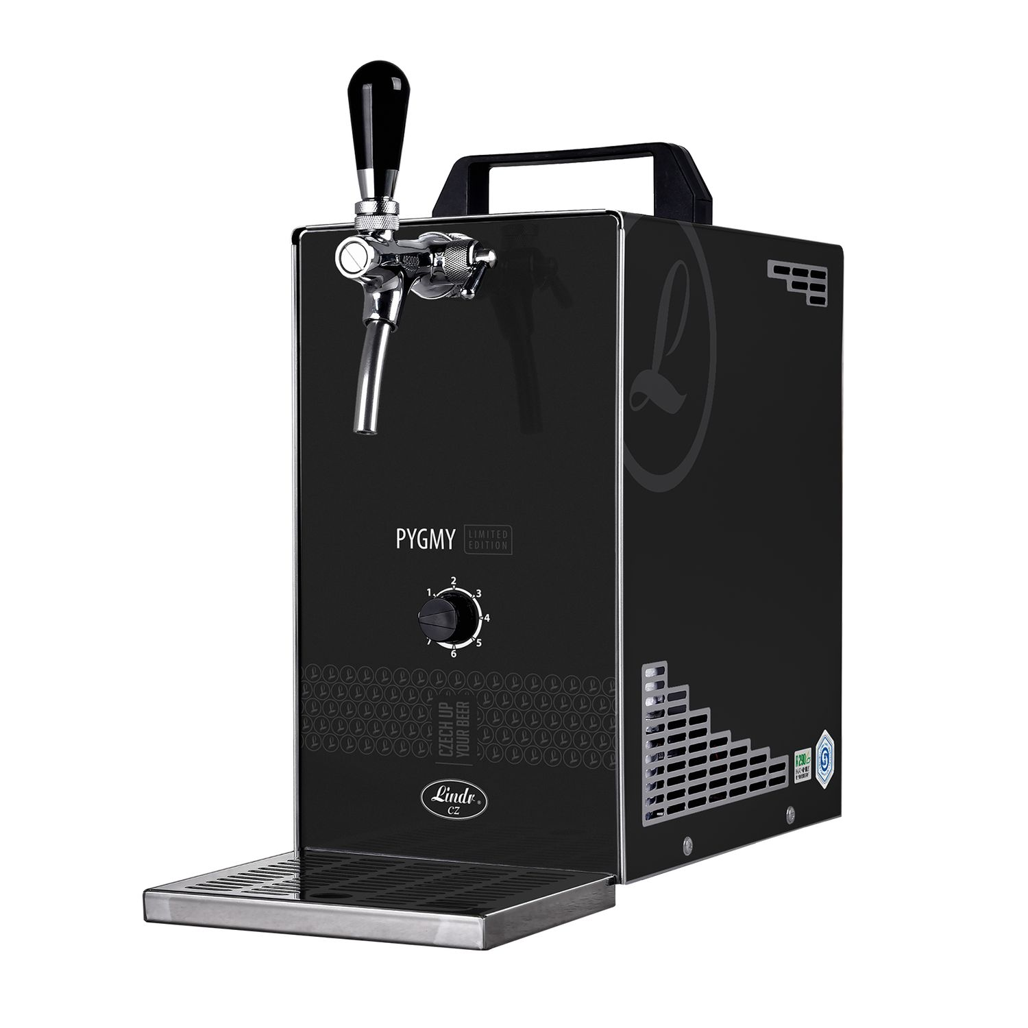 Distributeur de bière pression noir avec robinet et poignée. Indique 'PYGMY LIMITED EDITION'.