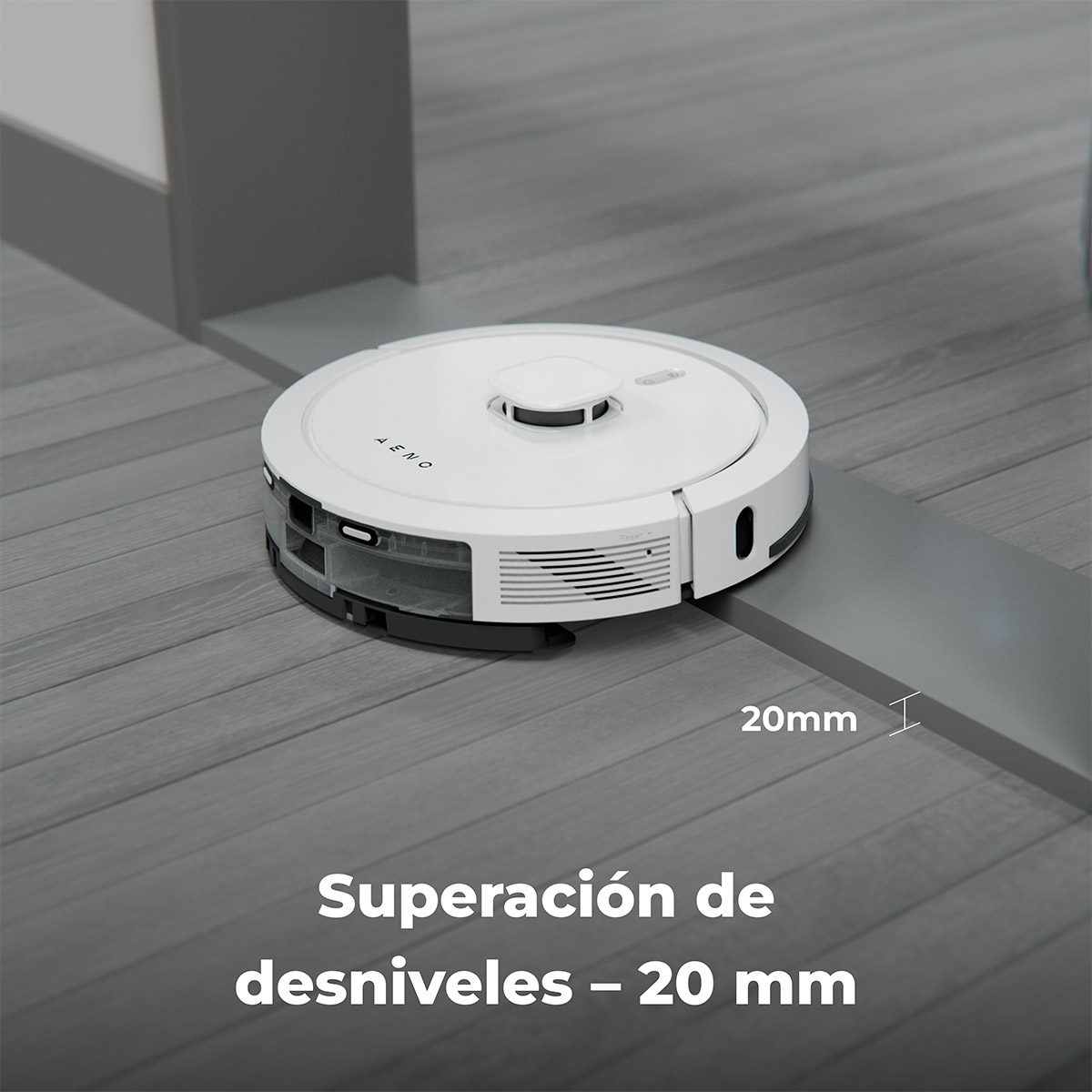 Biały robot sprzątający na szarej podłodze, tekst wskazuje 20mm różnicy poziomów.