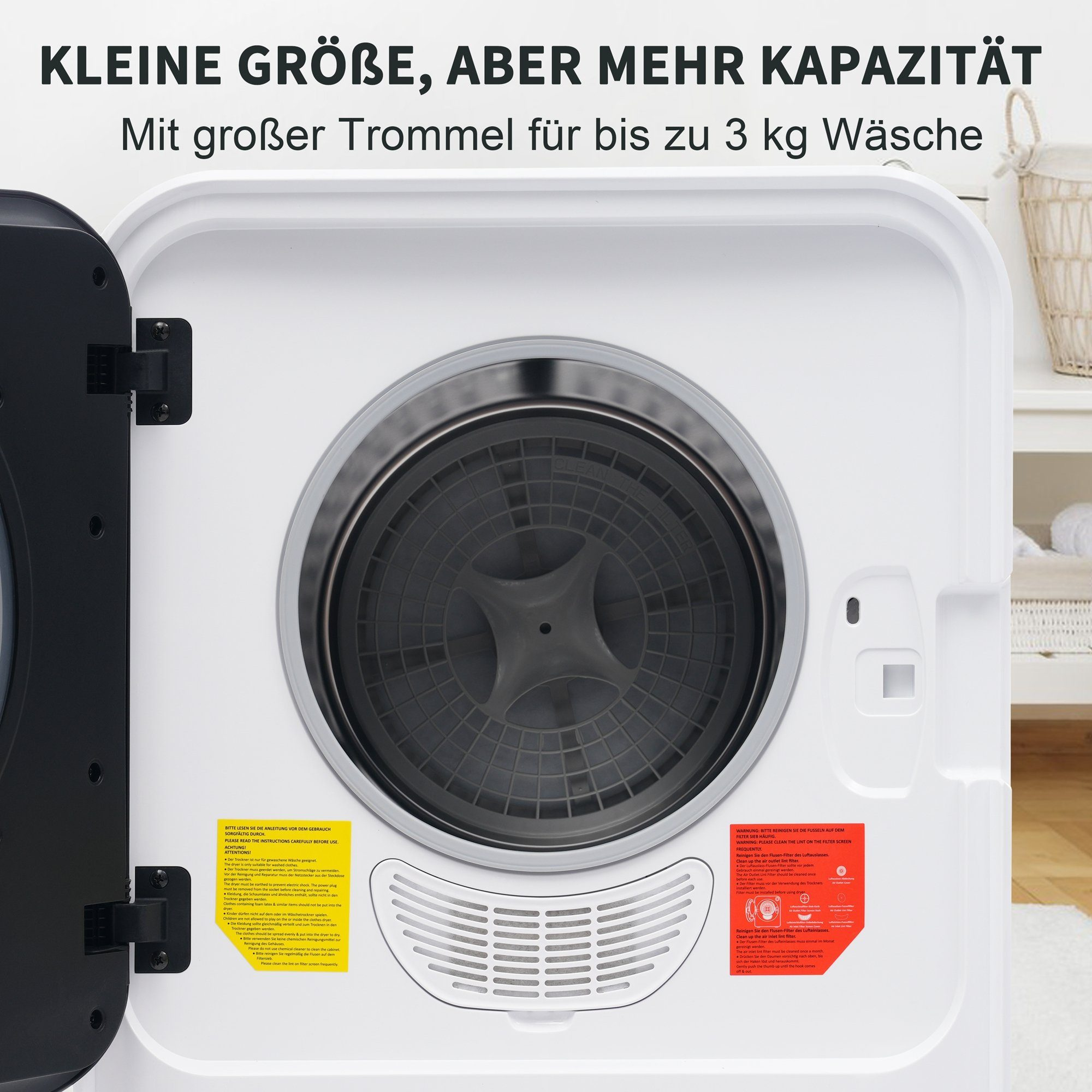 Geöffnete weiße Waschmaschinentür. Text auf Deutsch. Trommel im Inneren sichtbar.