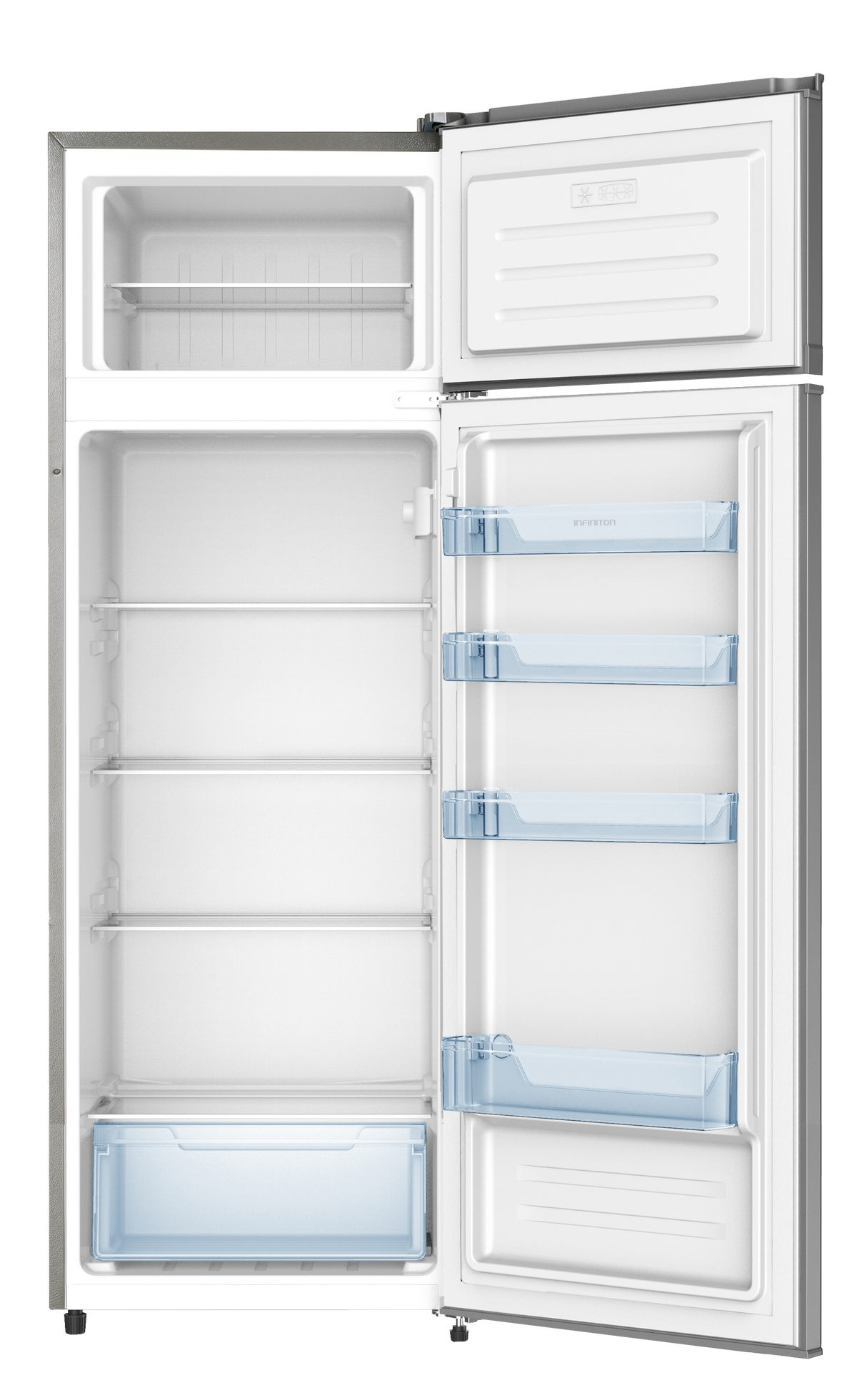 Refrigerador abierto con interior blanco, estantes y cajones azules transparentes.