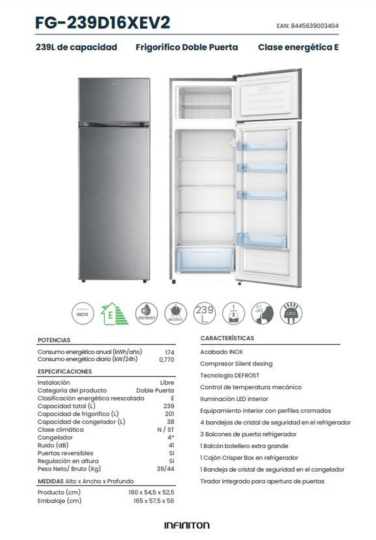 Frigorífico de doble puerta con especificaciones. Es plateado con puertas abiertas.