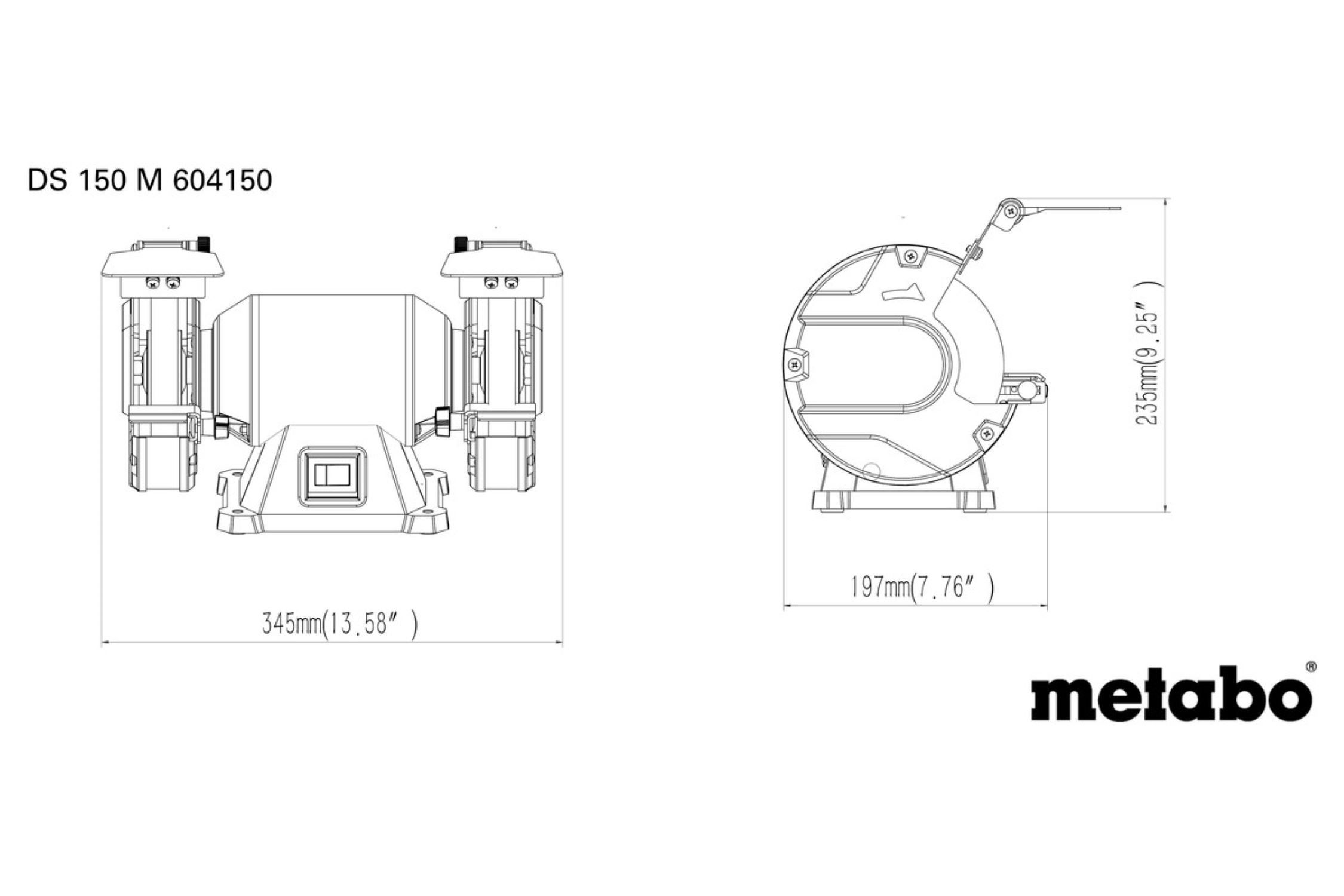Technische Zeichnung eines Metabo DS 150 M 604150 Schleifers mit Abmessungen und Spezifikationen.