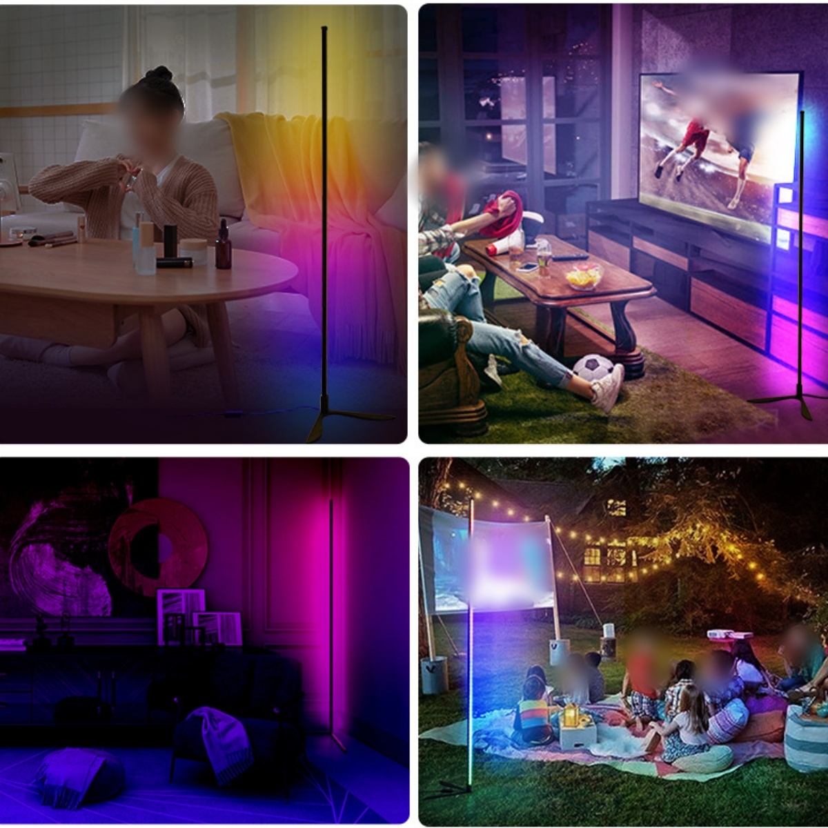 Vier Bilder, die verschiedene Räume zeigen, die von einer farbenfrohen Stehlampe beleuchtet werden.