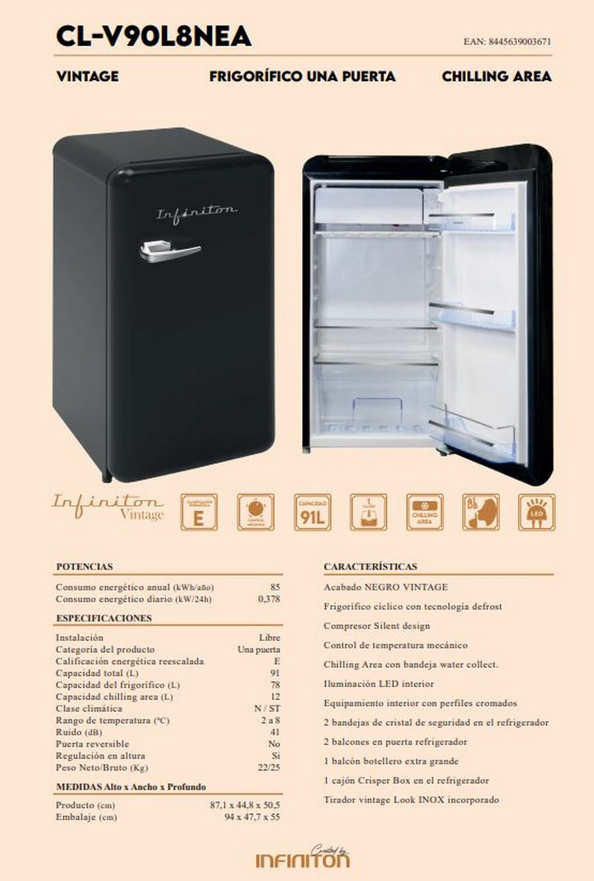 Refrigerador negro vintage con puerta abierta. Estantes interiores y detalles blancos visibles.