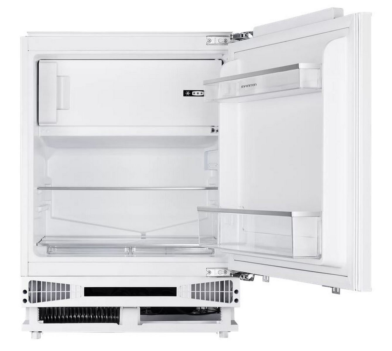 Refrigerador blanco y vacío con la puerta abierta. Estantes y cajones son visibles dentro.