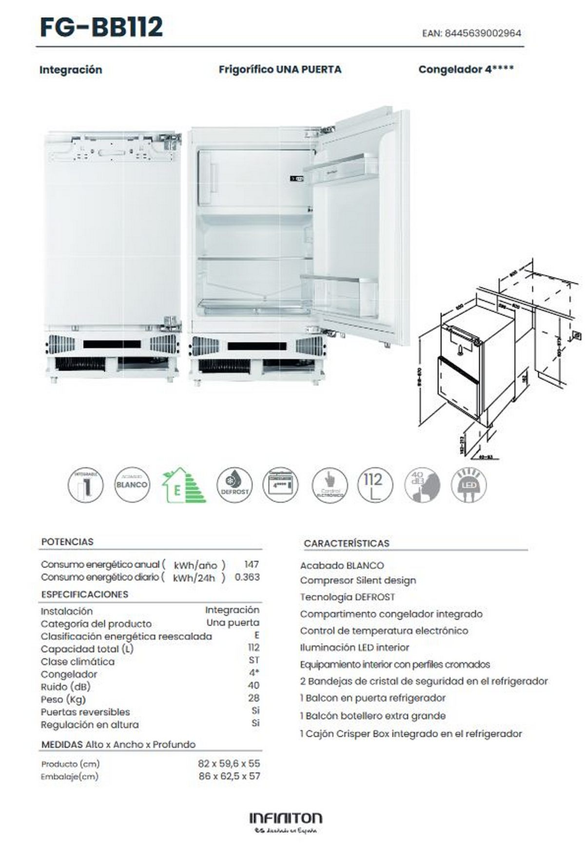 Un refrigerador blanco con puertas abiertas, con diagramas y texto sobre fondo blanco.