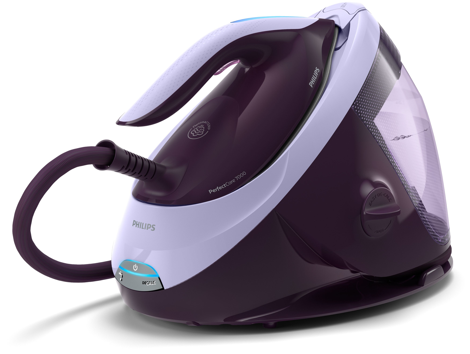 Plancha de vapor Philips morada y blanca con depósito de agua y manguera.