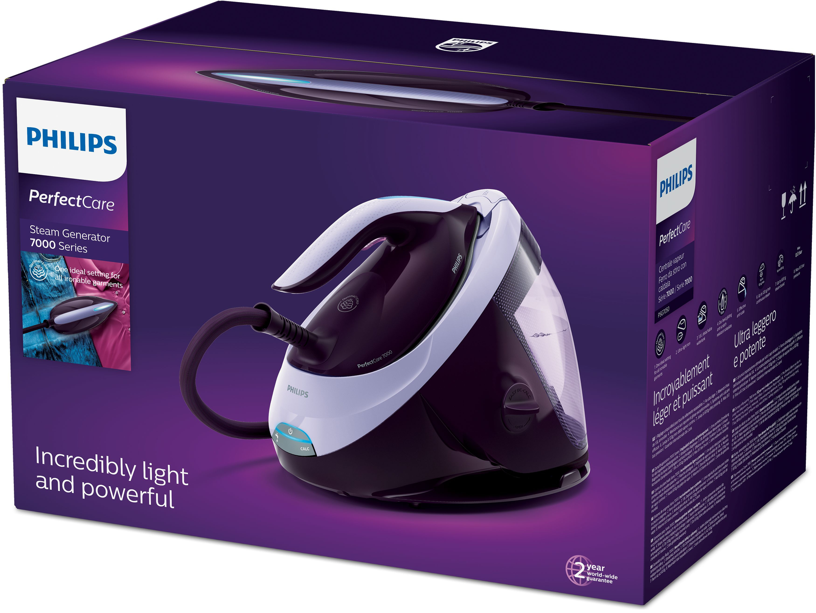 Plancha generador de vapor Philips PerfectCare negra, blanca y morada en caja.