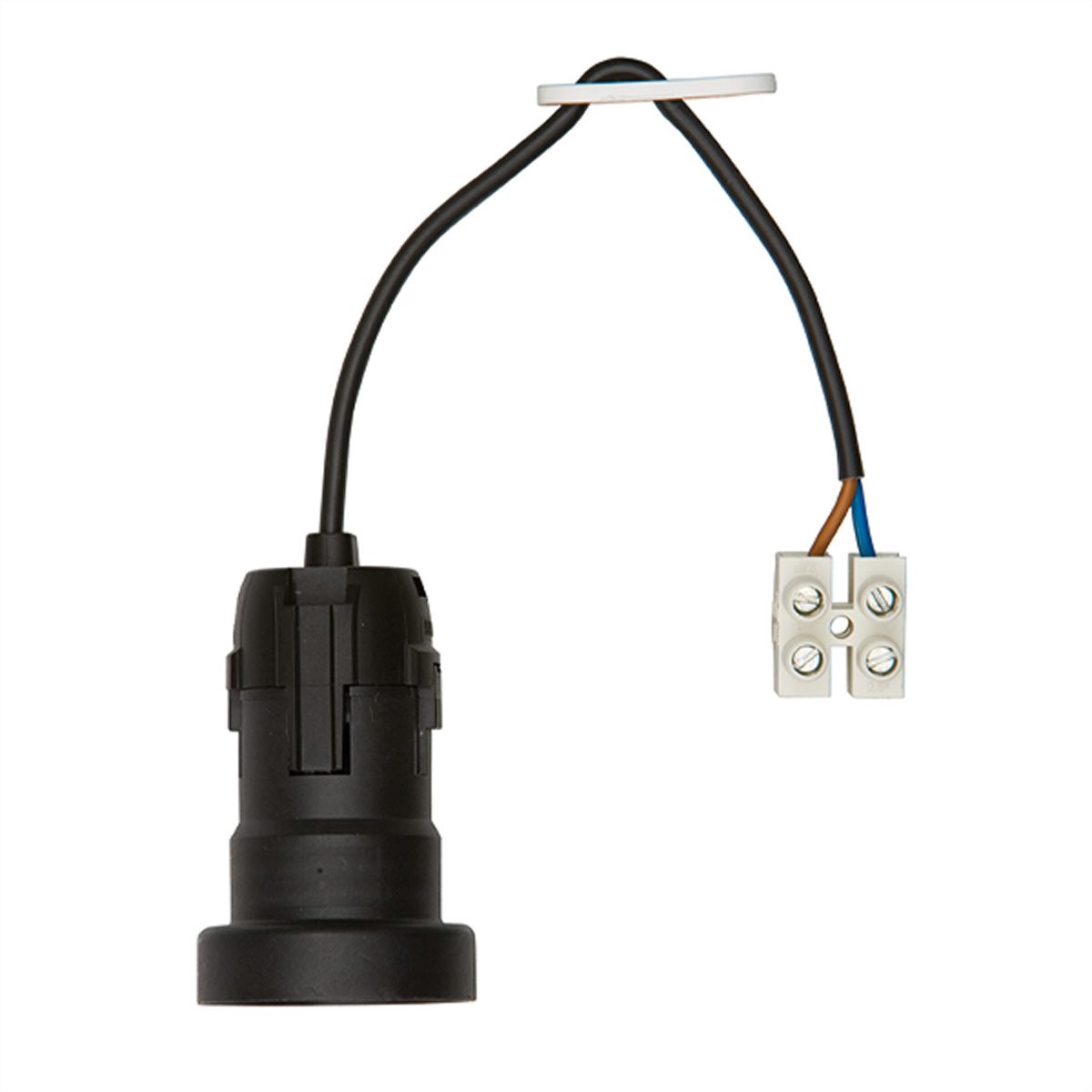 Een zwarte lamphouder met draad en een witte connector voor elektrische aansluiting, geïsoleerd.