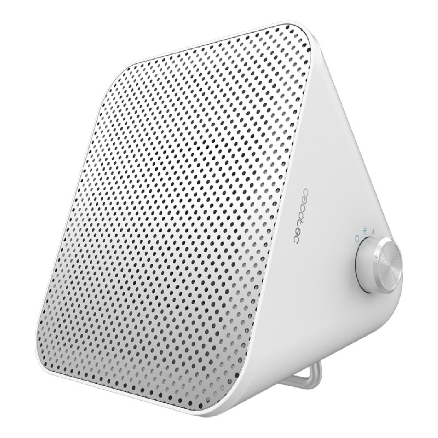 Purificatore d'aria bianco con una manopola di controllo e una superficie a rete. Ha un design curvo.