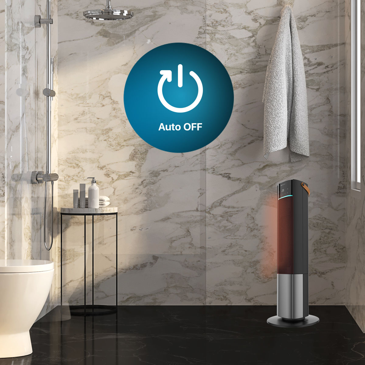 Scena bagno: doccia, asciugamano, riscaldatore e water. Cerchio blu con testo mostrato.