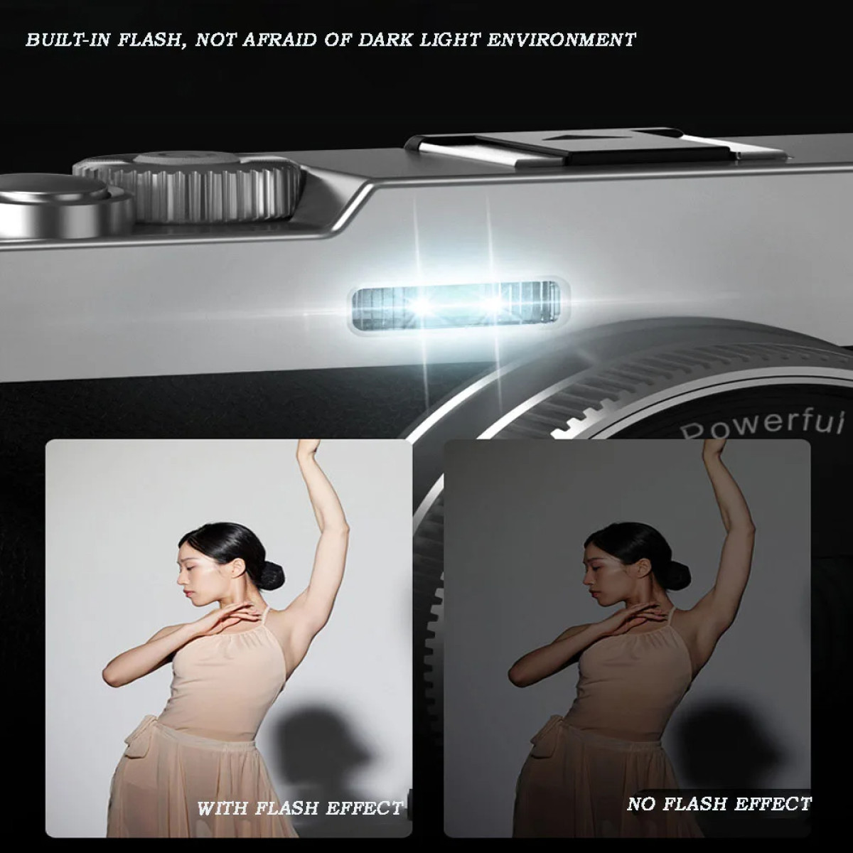 Aparat z lampą błyskową, pokazujący tancerkę z i bez lampy błyskowej. Tekst: Wbudowana lampa, nie boi się ciemności.