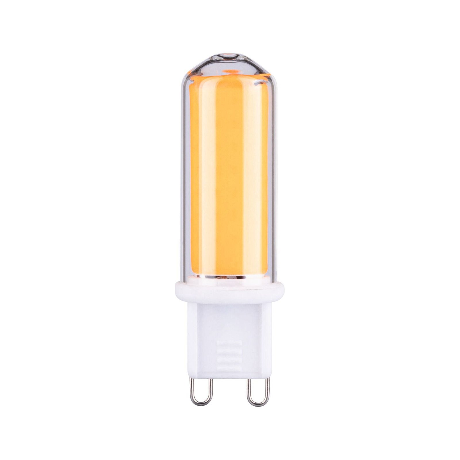 Eine vertikale LED-Glühbirne. Sie hat einen orange-gelben Kern und einen weißen Sockel.