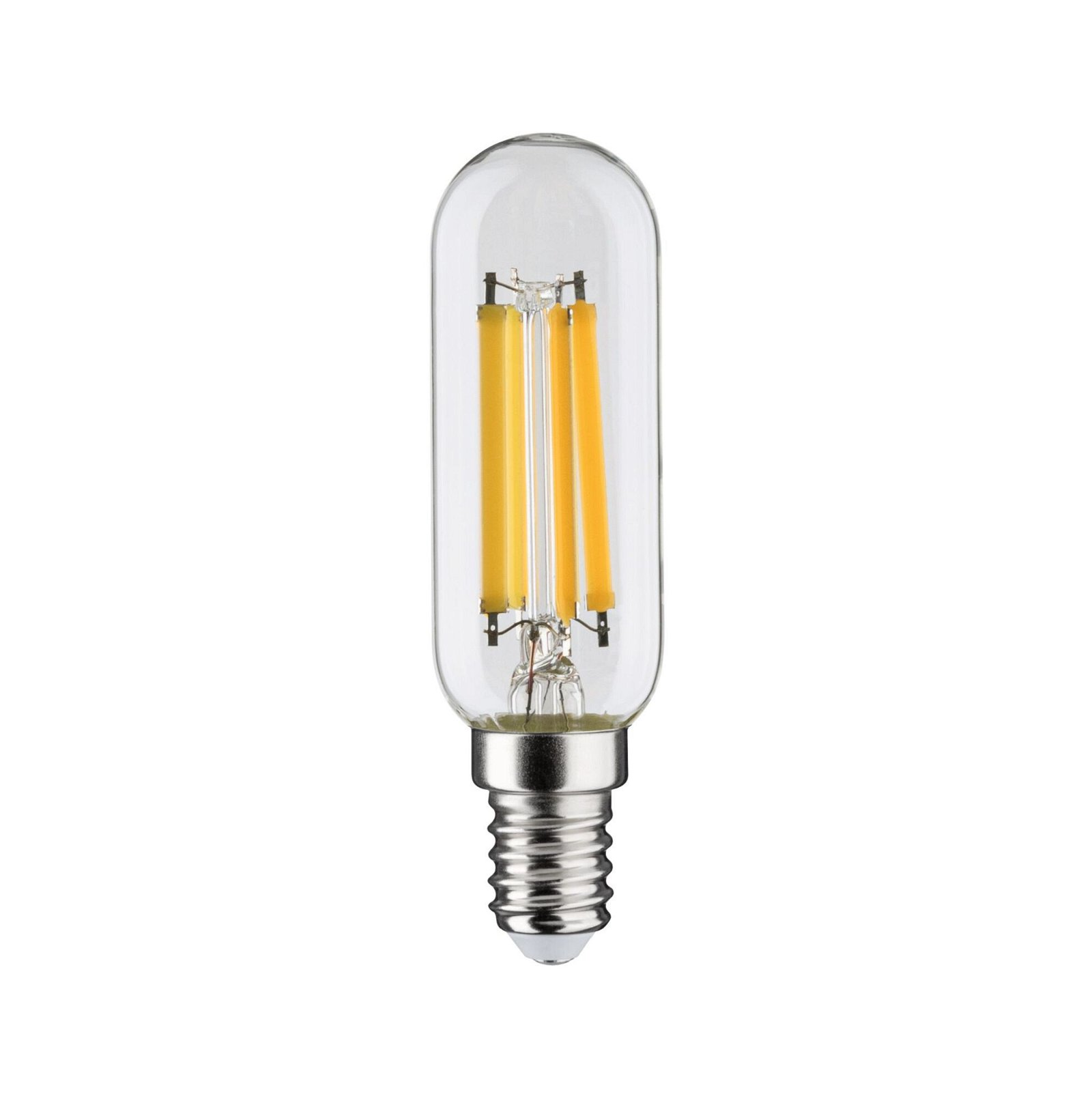 Lampadina trasparente con filamenti LED gialli. Base argentata.