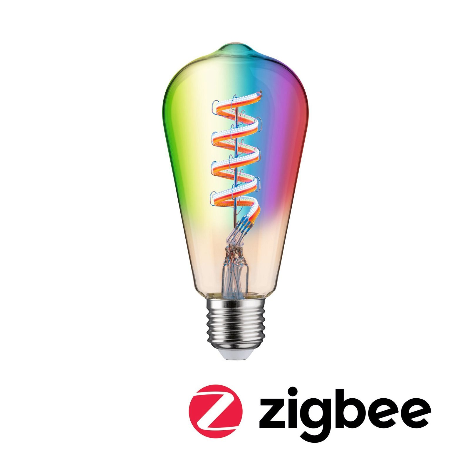 Eine regenbogenfarbene LED-Glühbirne mit Wendelfaden, das Zigbee-Logo unten.