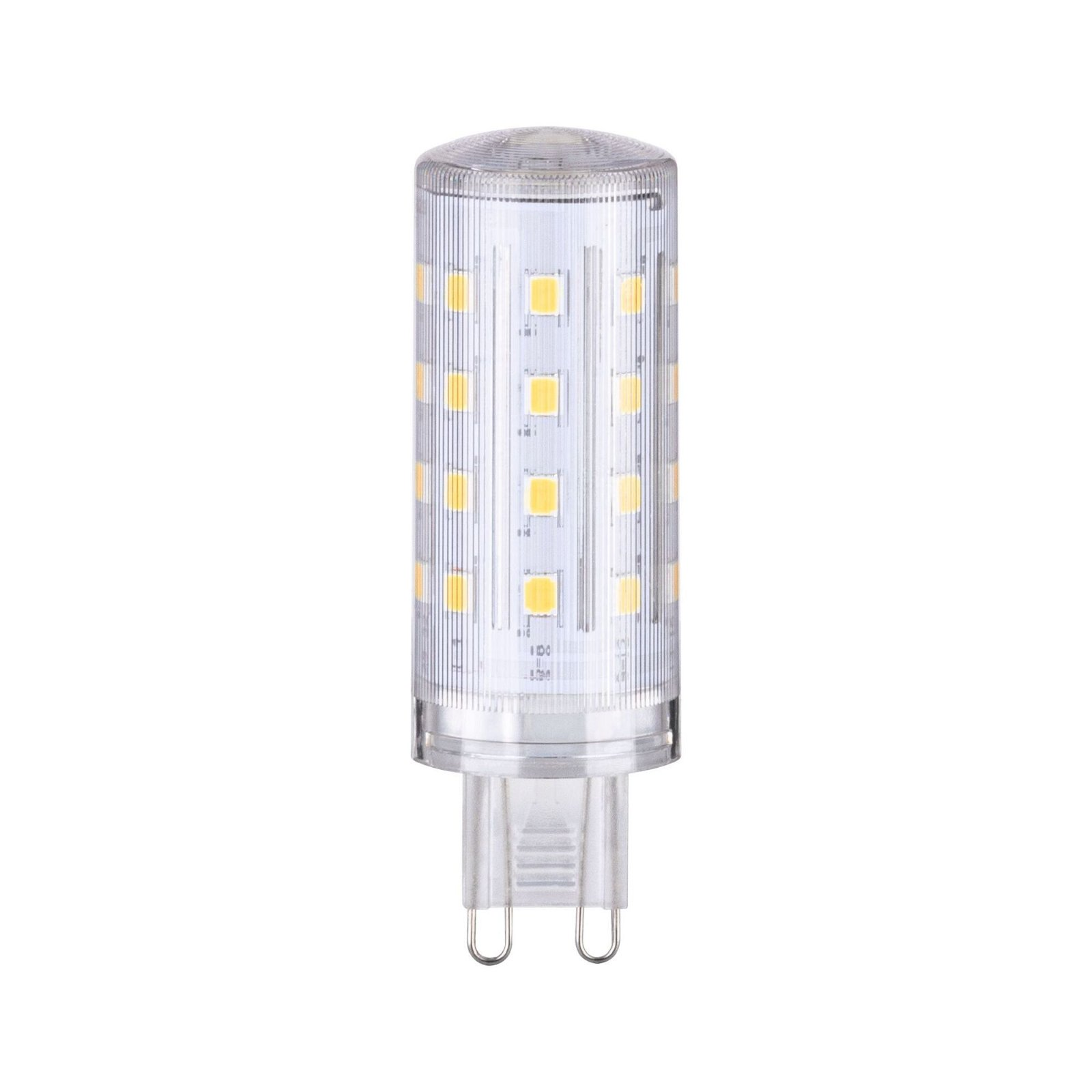 Eine klare LED-Glühbirne mit vielen kleinen gelben Lichtern, mit transparentem Deckel und Sockel.