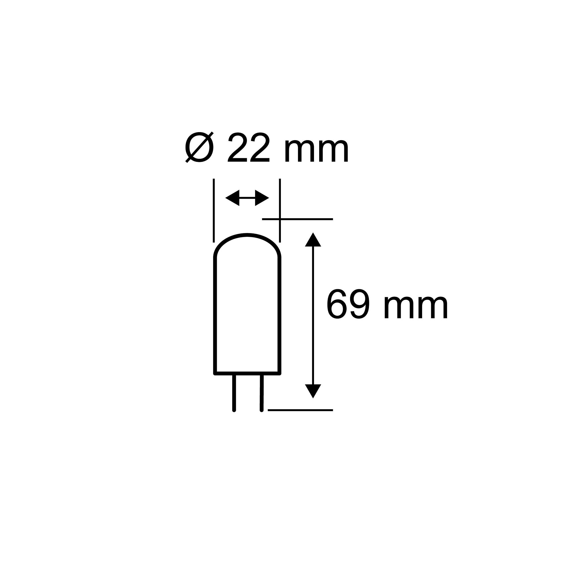 Ein Diagramm einer 69 mm langen LED-Glühbirne mit 22 mm Durchmesser. Zeigt Abmessungen und Kontaktstifte.