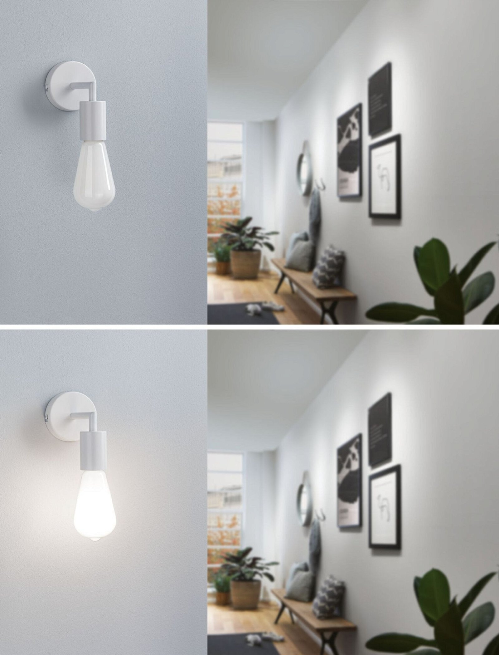 Zwei Bilder: eine weiß Wandleuchte, vor und nachdem das Licht eingeschaltet wurde.