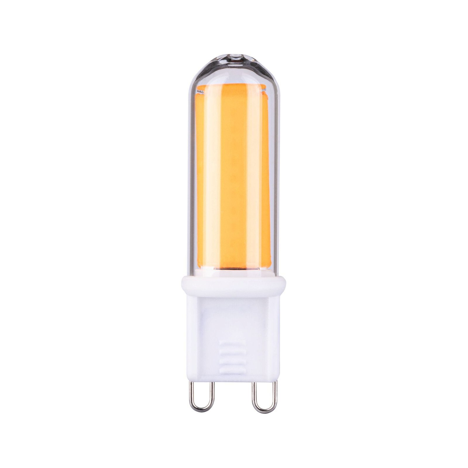 Gelb-klare LED-Glühbirne mit weißem Sockel. Zwei Stifte unten. Weißer Hintergrund.