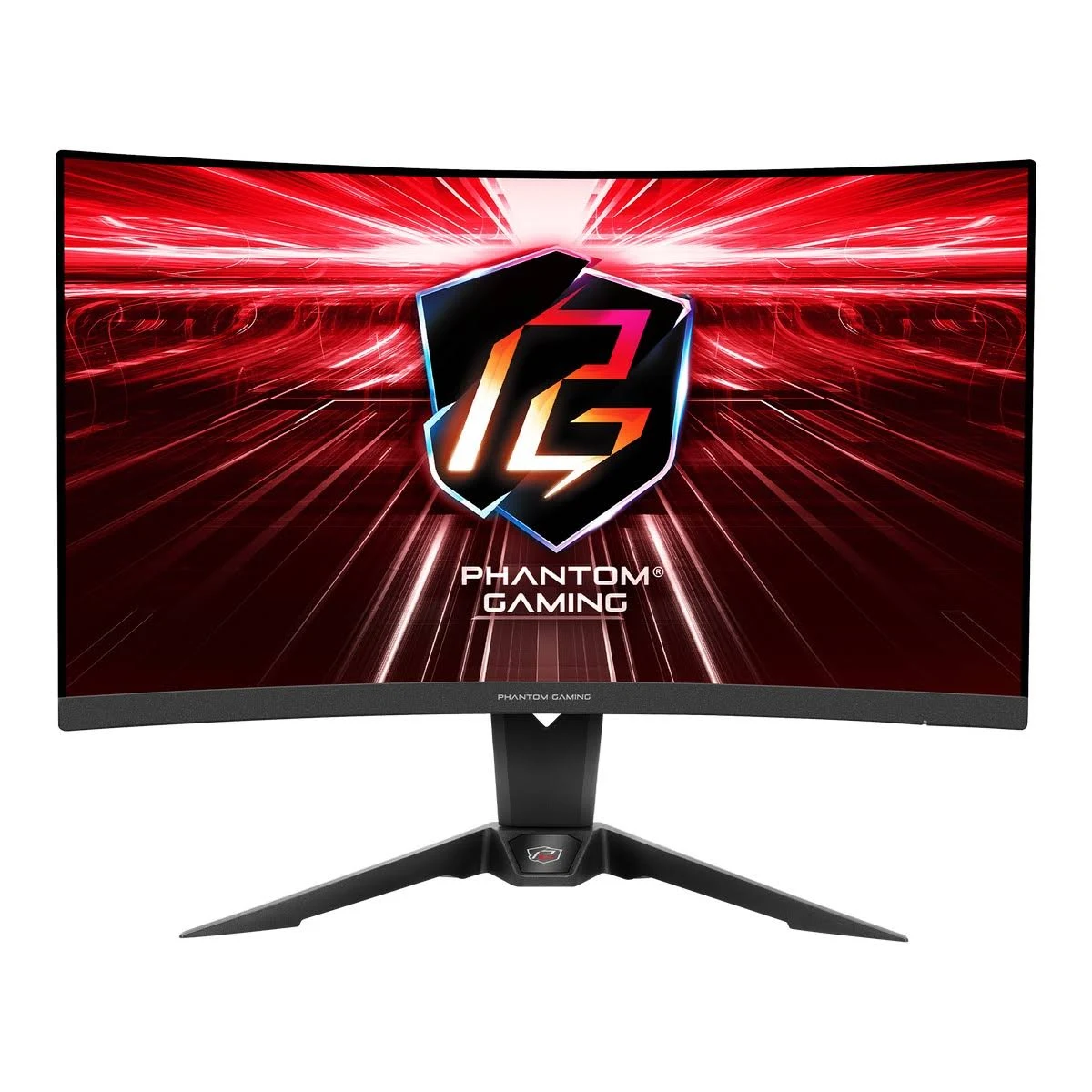 Zakrzywiony monitor Phantom Gaming z czerwono-czarnym ekranem i czarną podstawą.