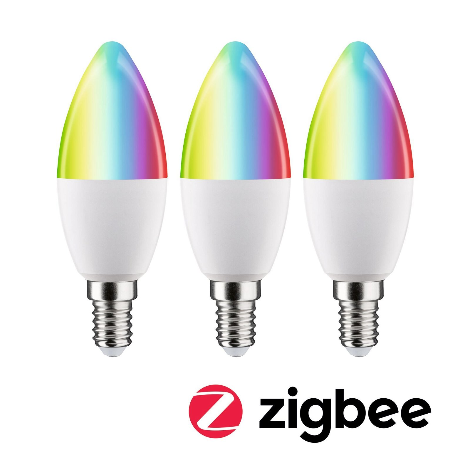 Drei Glühbirnen. Jede hat einen weißen Sockel mit einem regenbogenfarbenen Oberteil. Sie sind auf weißem Hintergrund.
