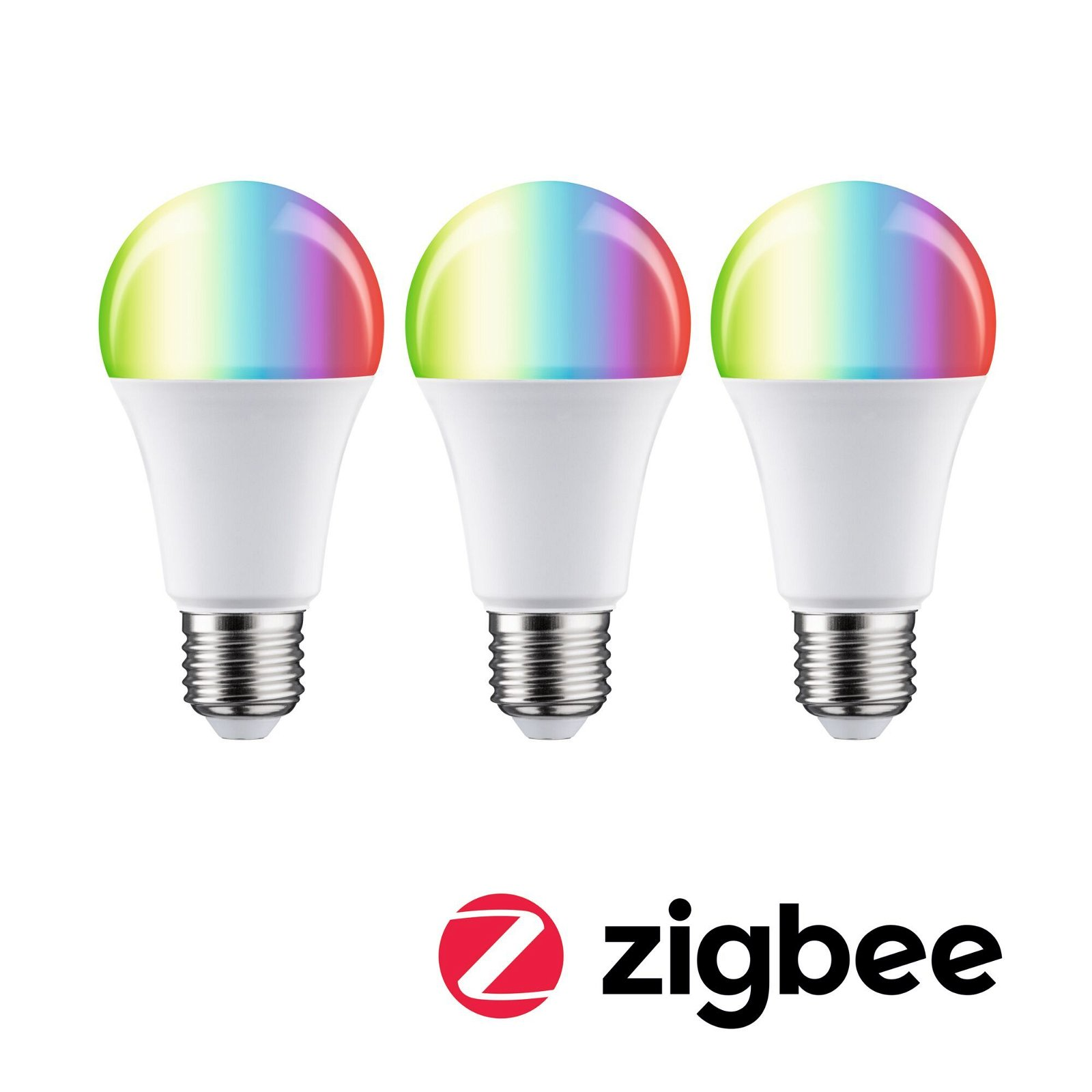 Drei Zigbee-Smart-Glühbirnen mit wechselnden Farben.