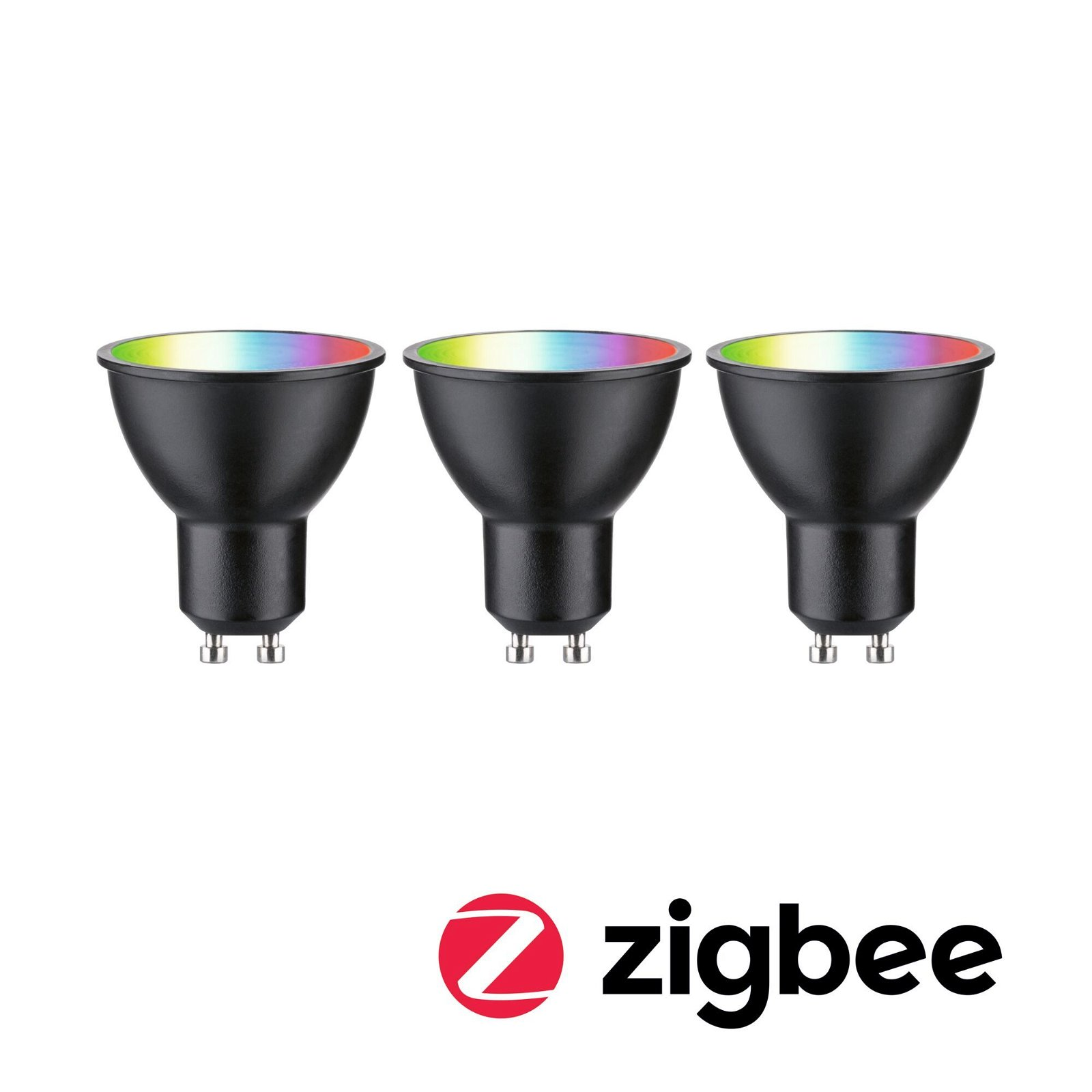 Drei schwarze LED-Spots mit farbenfroher Lichtausgabe und einem Zigbee-Logo unten.