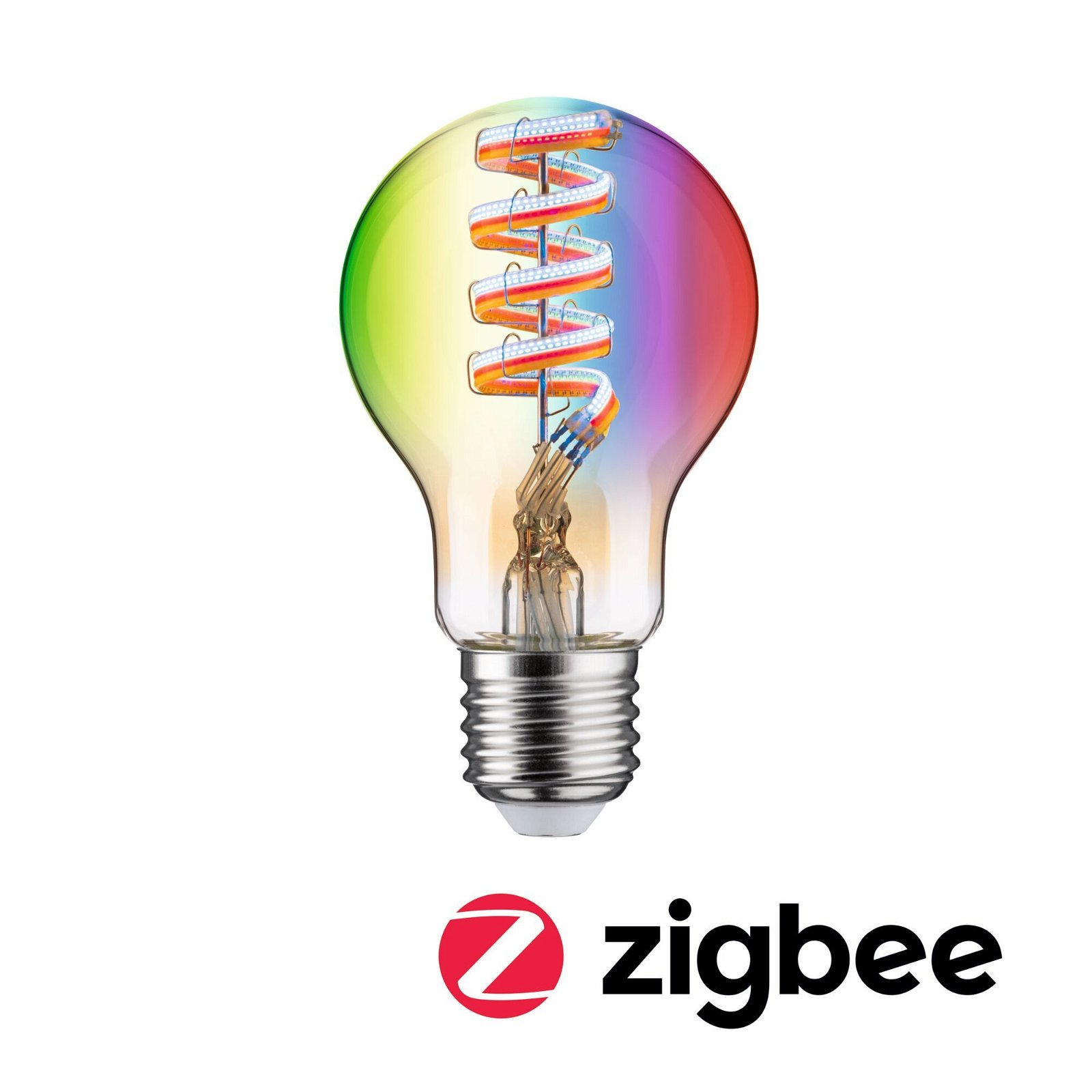 Eine regenbogenfarbene LED-Wendel-Glühbirne auf weißem Hintergrund mit dem Zigbee-Logo darunter.