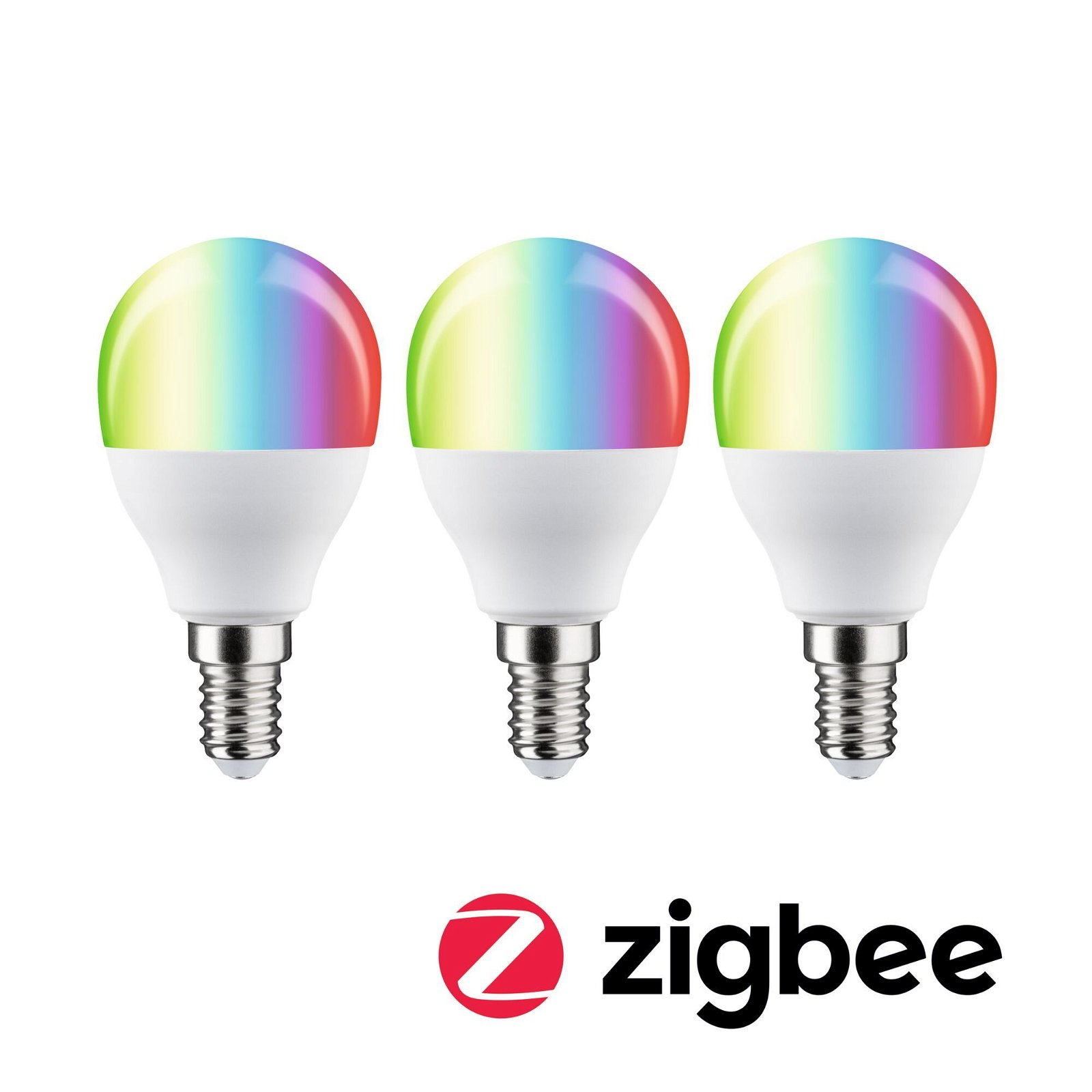Drei LED-Glühbirnen mit Regenbogenfarben.