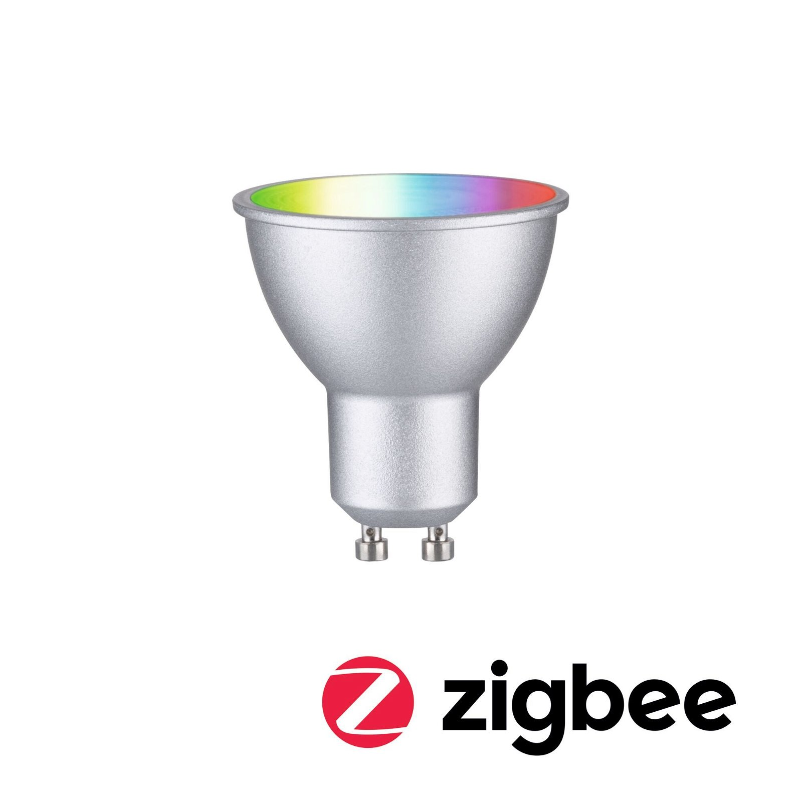 Silberne Glühbirne mit farbenfroher Oberseite und dem Wort 'zigbee' darunter.