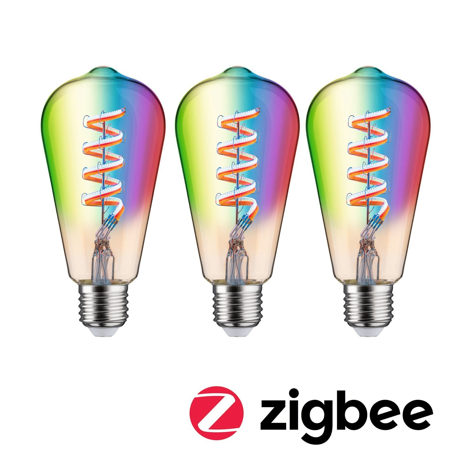 Drei bunte Glühbirnen mit einem Zigbee-Logo. Weißer Hintergrund.