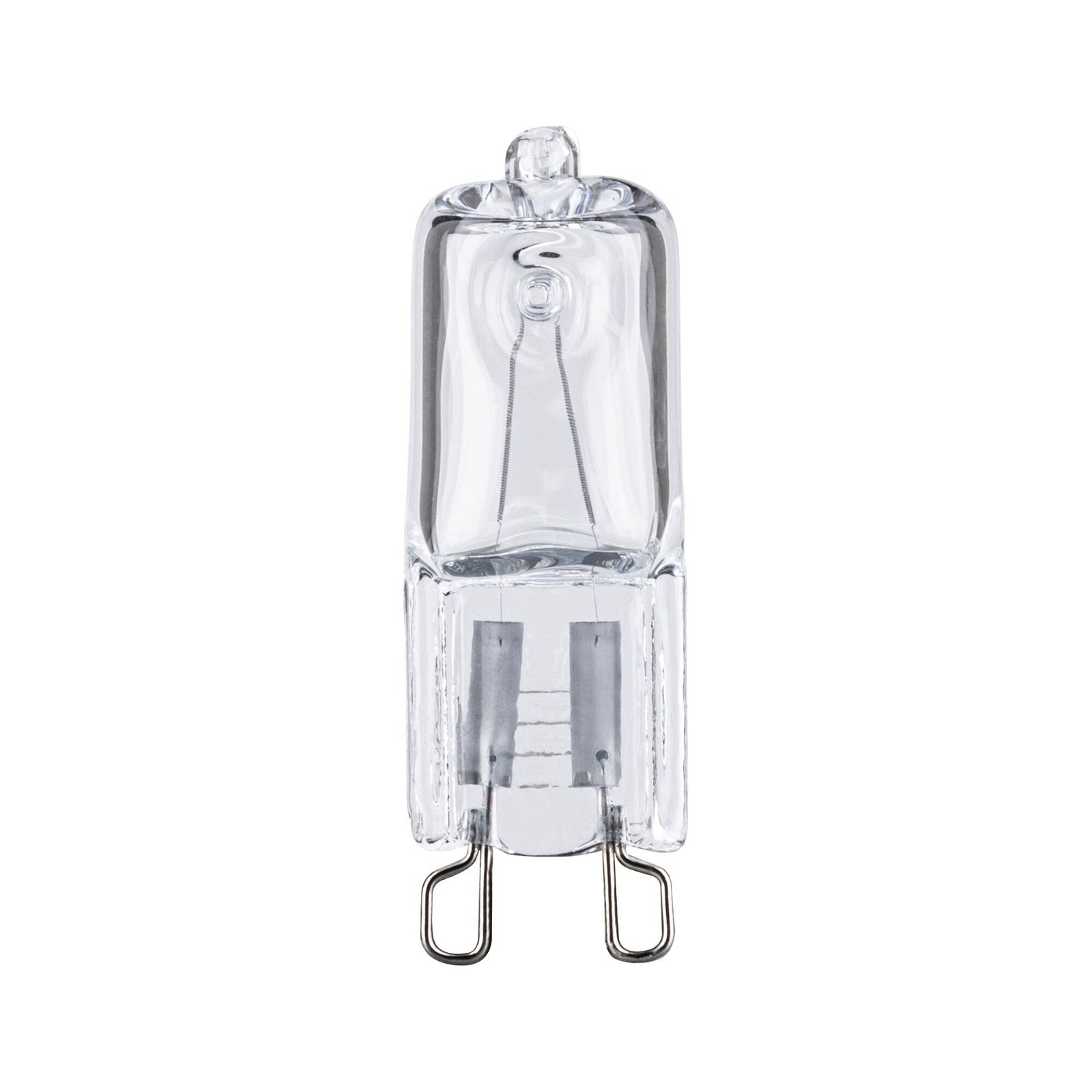 Eine klare Halogenlampe mit zwei Metallstiften.