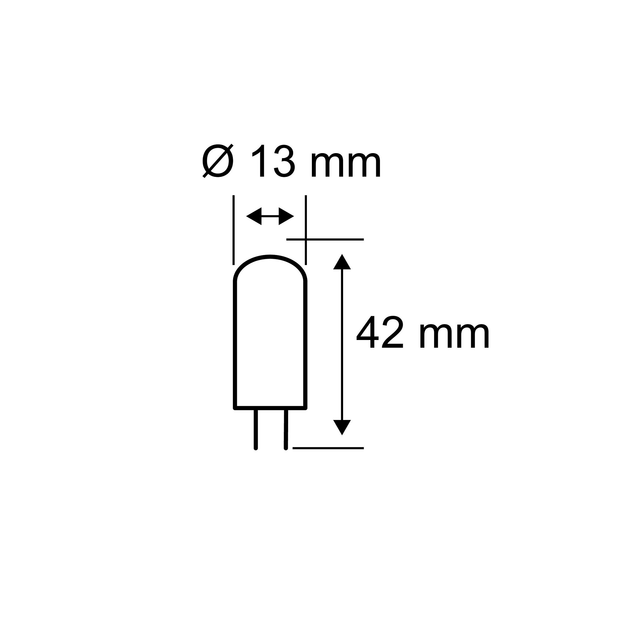 Diagramm einer kleinen LED-Glühbirne mit Abmessungen: 42 mm Länge und 13 mm Durchmesser, mit zwei Stiften.