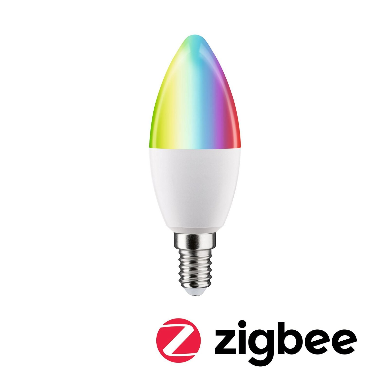 Eine farbwechselnde LED-Glühbirne mit dem Zigbee-Logo unten.