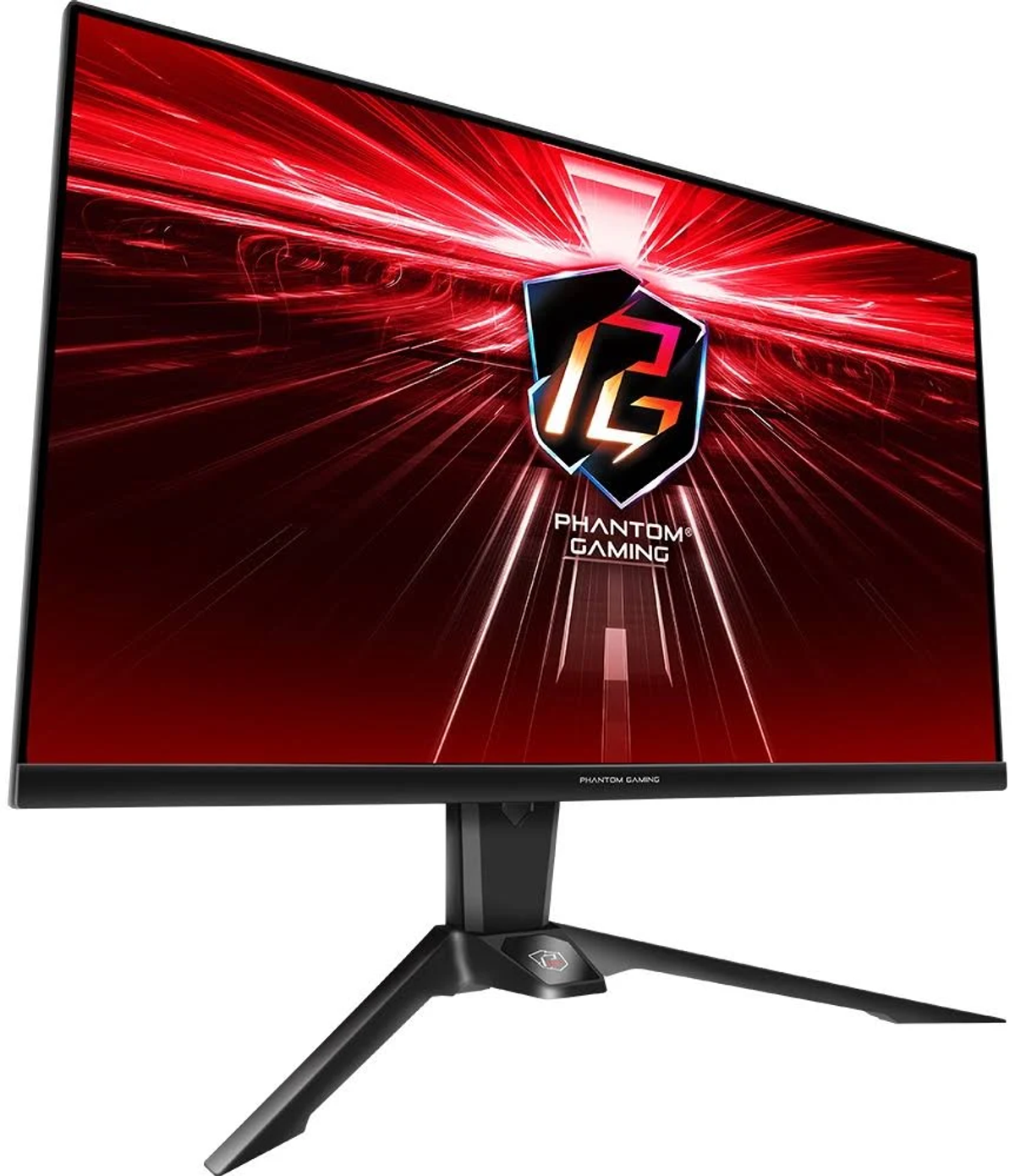Gaming-Monitor mit schwarzem Ständer und rot-weißem Grafikdisplay.