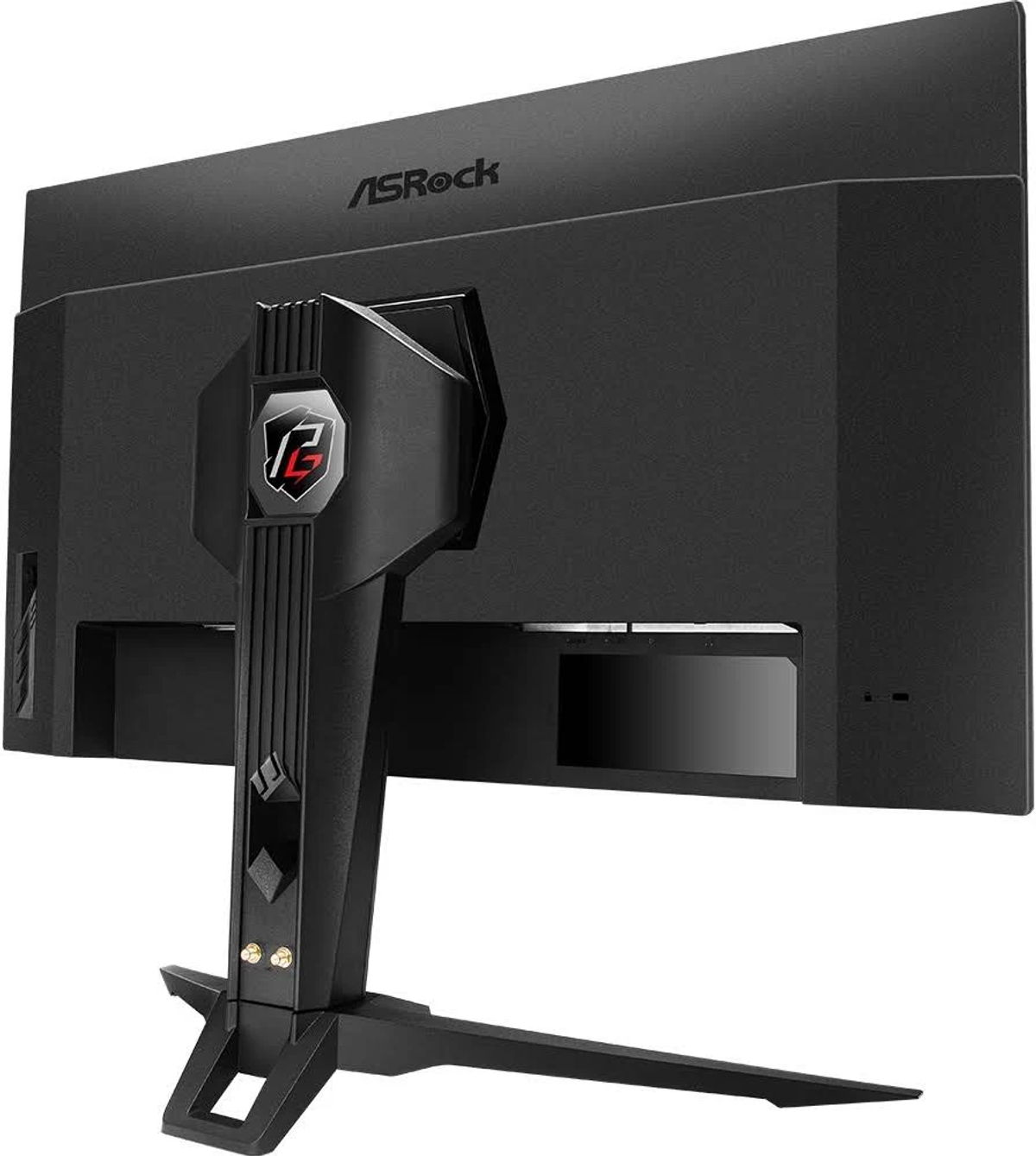 Rückseite eines schwarzen Gaming-Monitors mit Ständer. Der Monitor hat das ASRock-Logo. Weißer Hintergrund.