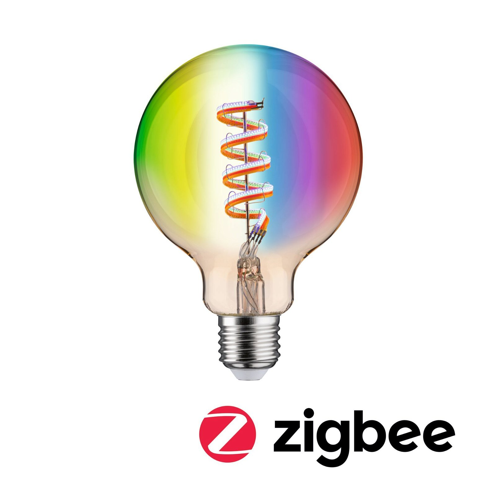 Eine Glühbirne mit Wendel und Regenbogenverlauf auf dem Glas.