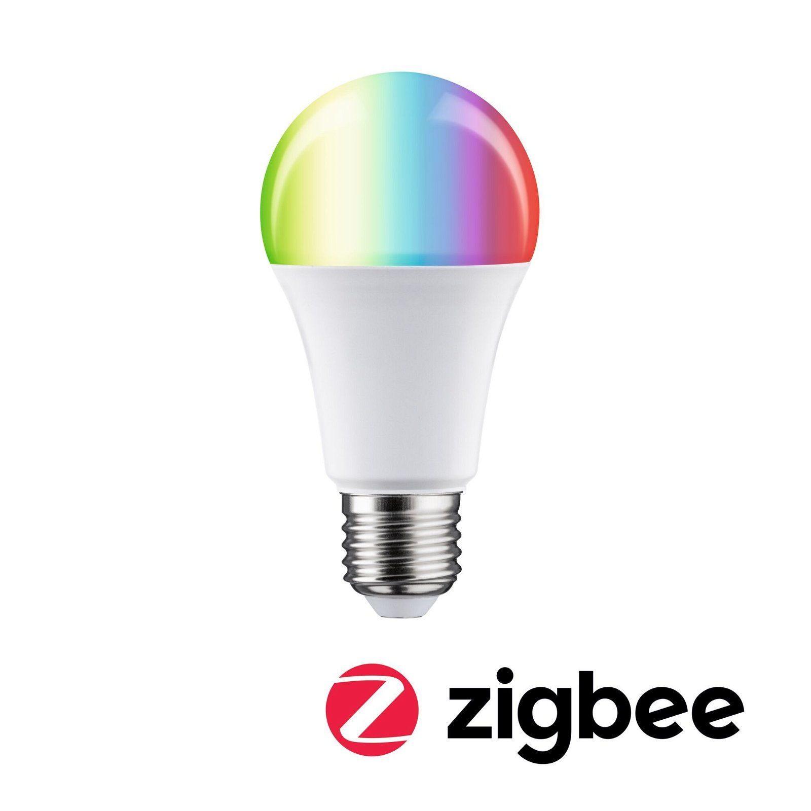 Weiße intelligente Glühbirne mit farbenfroher, regenbogenartiger Lichtemission. Zigbee-Logo unten.